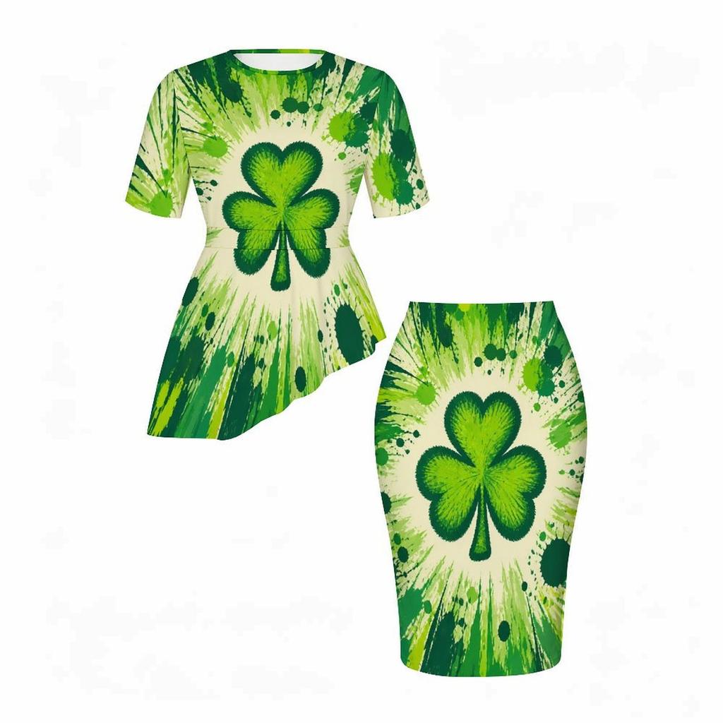 Women Plus Size Dark Green Shamrock Printed Round Neck Short Sleeve Asymmetric Top And Fitted Skirt Two Piece Set