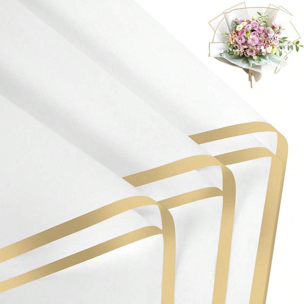 20 Stück Goldrand Frischblumen Geschenkpapier, DIY Basteln, Geschenkverpackung oder Geschenkboxverpackung, Wasserdichtes Blumenpapier 22,8X22,8 Zoll