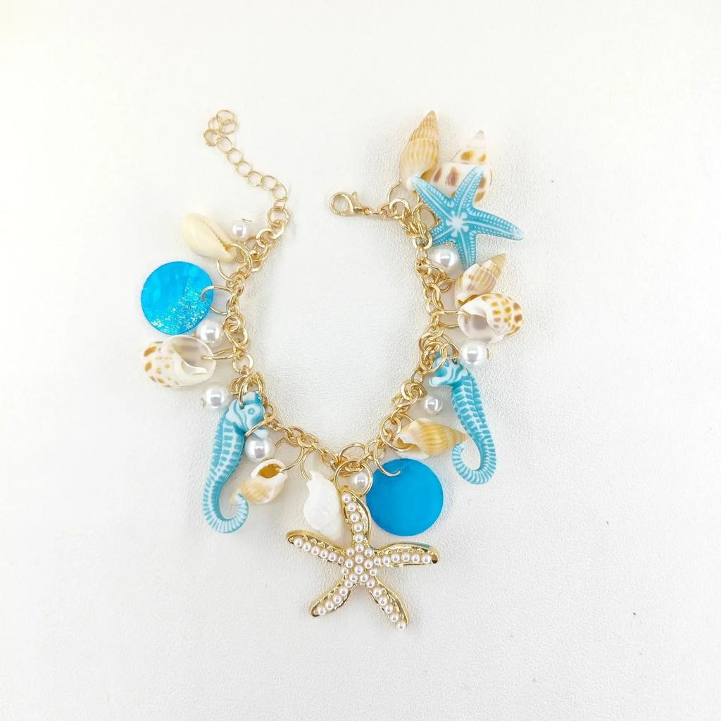Trendy Summer Vacation Style Women's Bracelet Ocean Wave Bohemian Design Shell Shark Beach Jewelry Sea Star Sand Dollar Timepiec