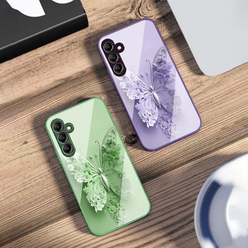 Green Flower Butterfly For Samsung A 73 72 71 70 56 55 54 53 52 51 50 42 35 34 33 32 31 26 25 24 23 22 30 20 Glass Phone Case