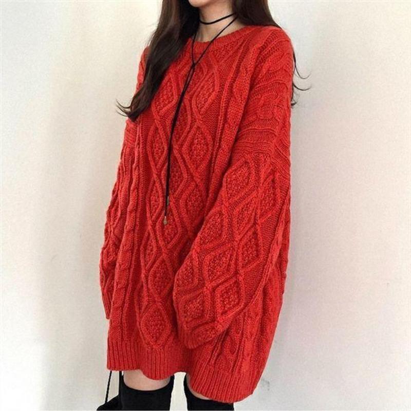 Autumn Winter New Fashion Round Neck Long Sleeve Solid Fried Dough Twists Sweaters Women's Clothing Medium Long Styles Chic Tops