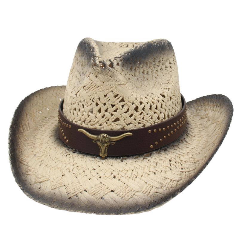 Cowboy Hat Panama Hollow Straw Hat Cowboy Straw Hat Women'S Belt Decorative Sunscreen Shade Seaside Beach Hat