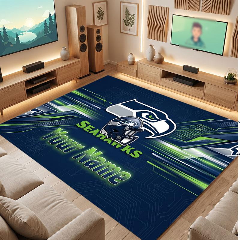 Tappeto in Cristallo Vellutato Personalizzato Seattle Seahawks, Tappeto Morbido Antiscivolo con Testo Nome Personalizzato per Soggiorno Camera da Letto