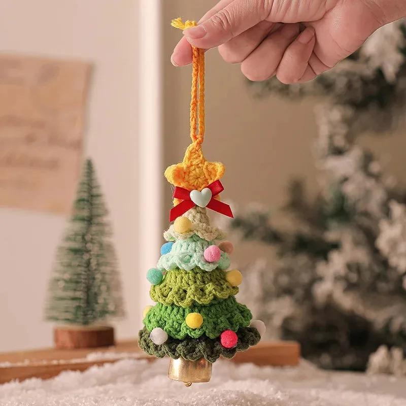 Knitted Christmas Tree with Jingle Bell Plush Christmas Hanging Pendant Wool Crochet Tree for Christmas Party Decor