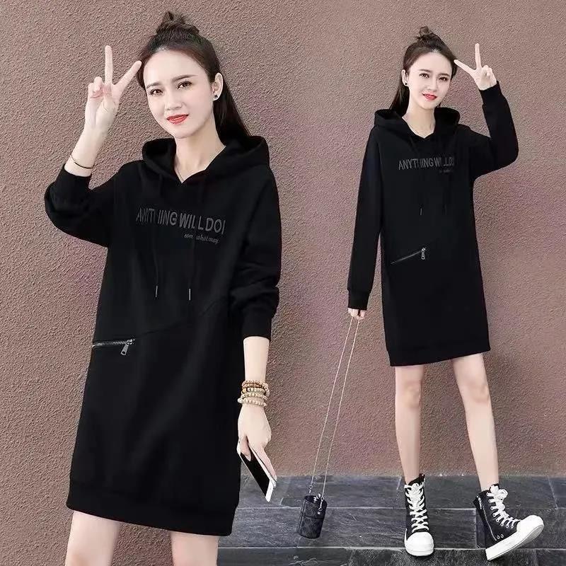 

Осенняя и зимняя одежда Утепленная толстовка с капюшоном больших размеров Средней длины Женский пуловер Свободная толстовка с капюшоном 2XL чёрный