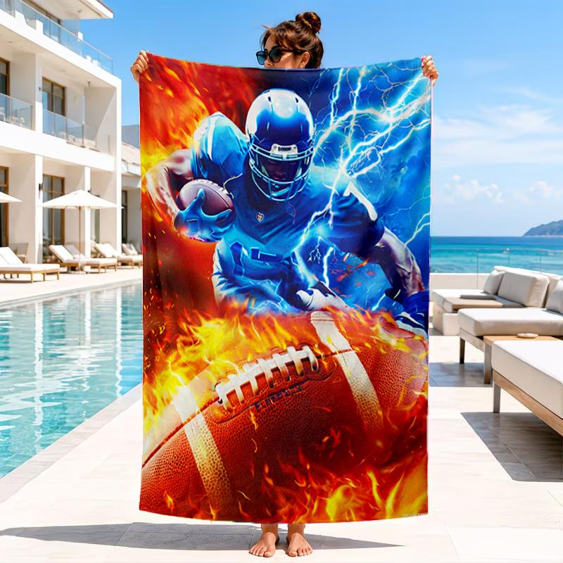 Football Player In Flames Beach Towel, Microfiber Beach Towel, Perfect For Pool, Beach, Travel, Home Decor Beach Party Fan gifts