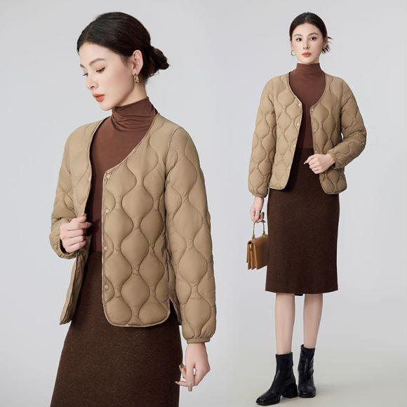 2026 Women's V-neck Geometric Down Cotton Jacket, Short Slimming Style for Autumn and Winter.