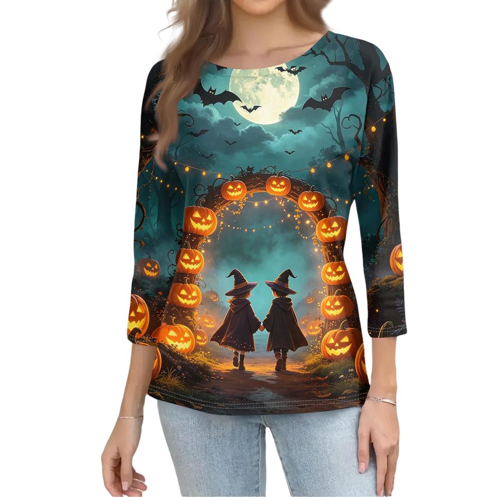 Women’s Casual Three Quarter Sleeve Crew Neck Top Tie Dye Halloween Themed Print Relaxed Fit Soft Fabric for Daily Wear