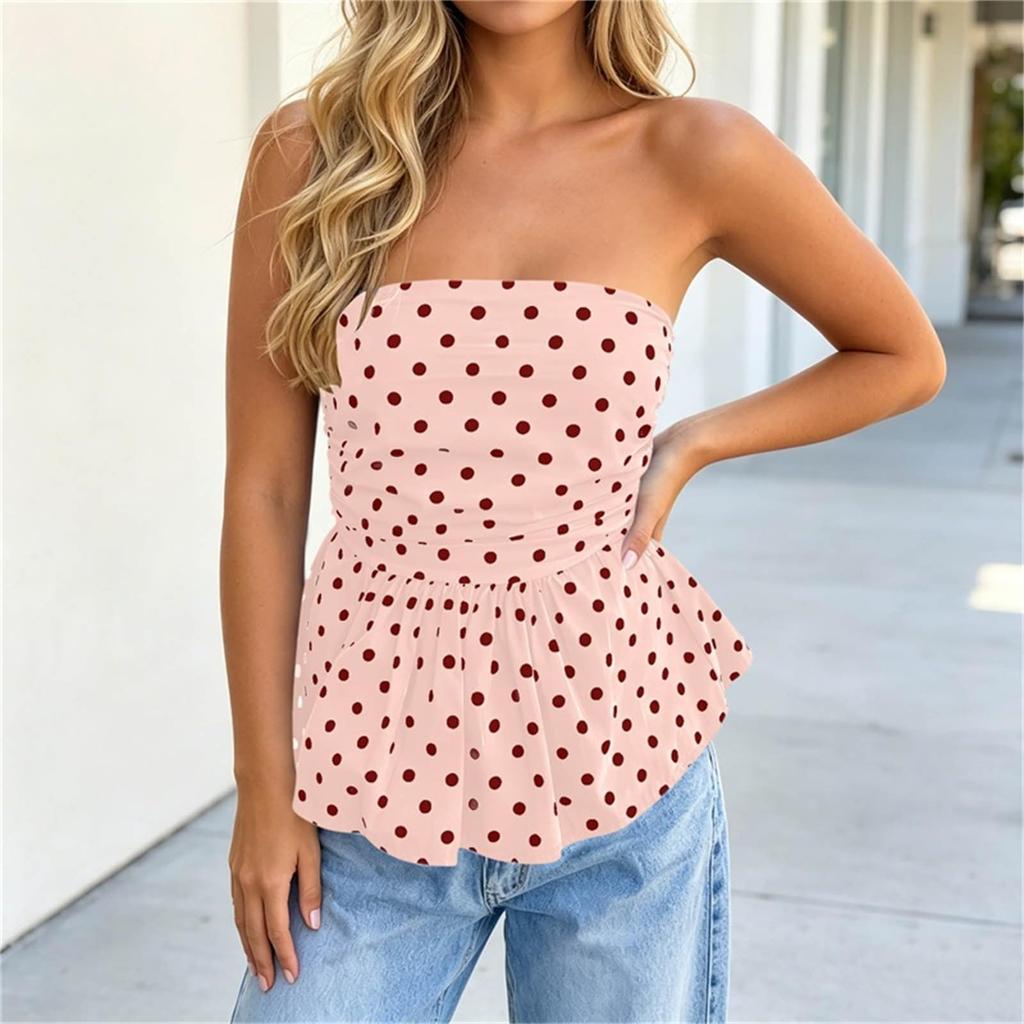 Women Strapless Polka Dot Tube Top Summer Casual Sleeveless Peplum Blouse Lightweight Breathable Fabric Slim Fit