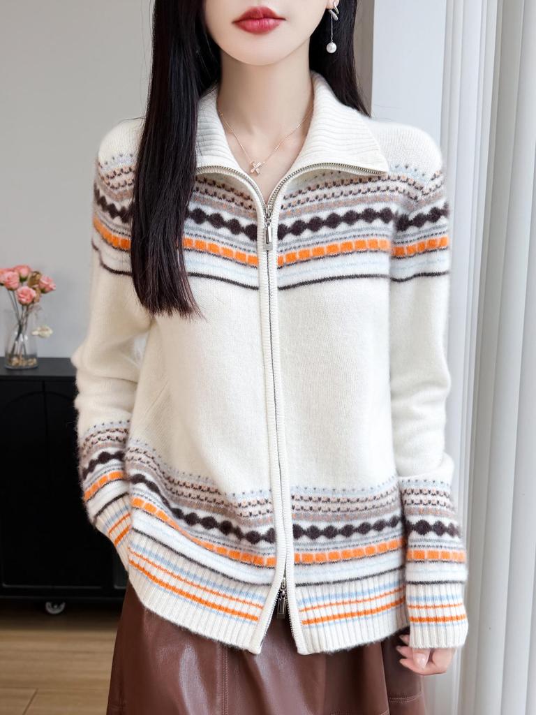 2026 A/W Pure Wool Thick Lapel Knit Cardigan with Double Zipper and Fair Isle Pattern