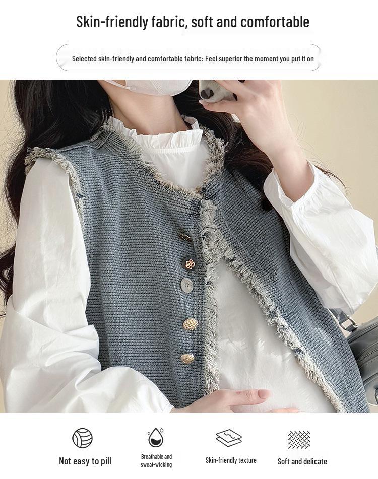 Spring 2026 Tassel Denim Vest & Korean Lace Patchwork Shirt Two-Piece Set