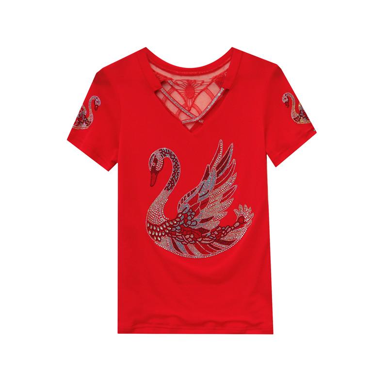 Summer Chic Women Clothes T-shirt Sexy Hollow Out Cartoon Swan Hot Diamonds Tops High Quality Female Luxury Slim Stretch Tees