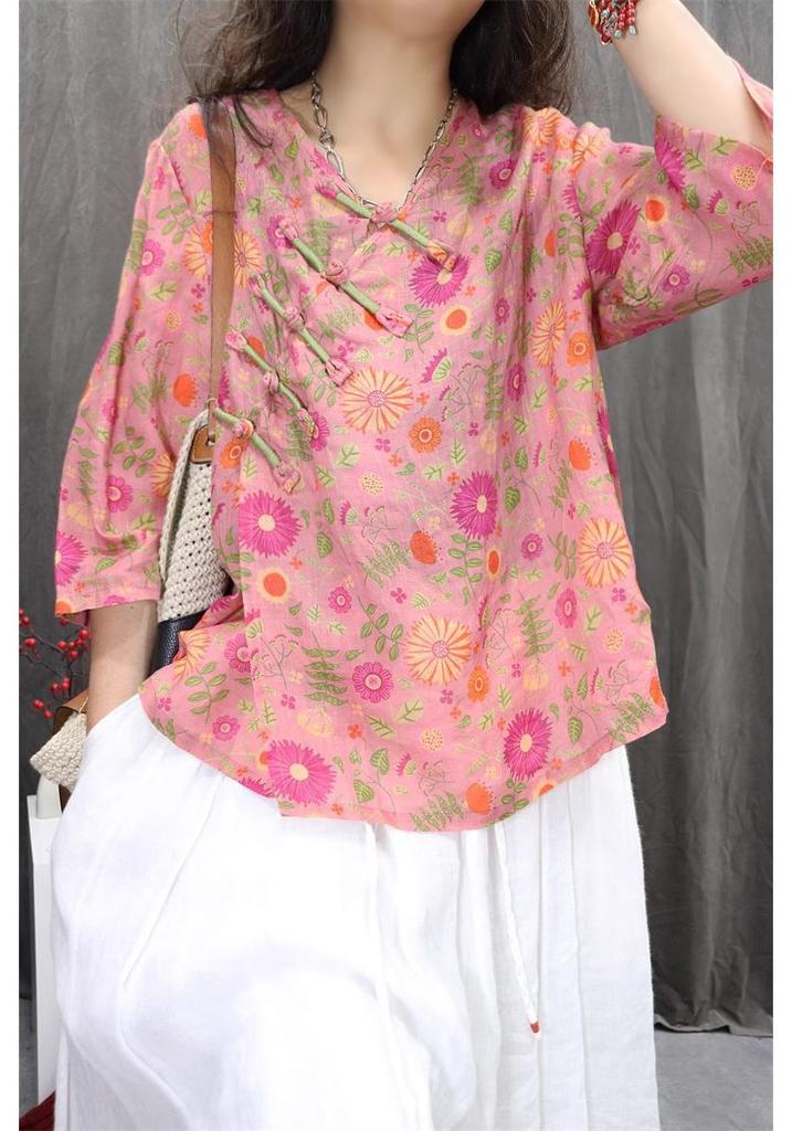 Asymmetrical Linen Frog Button Chinese Style Shirt, Spring/Summer 2026, Slimming Three-Quarter Sleeve Pullover.