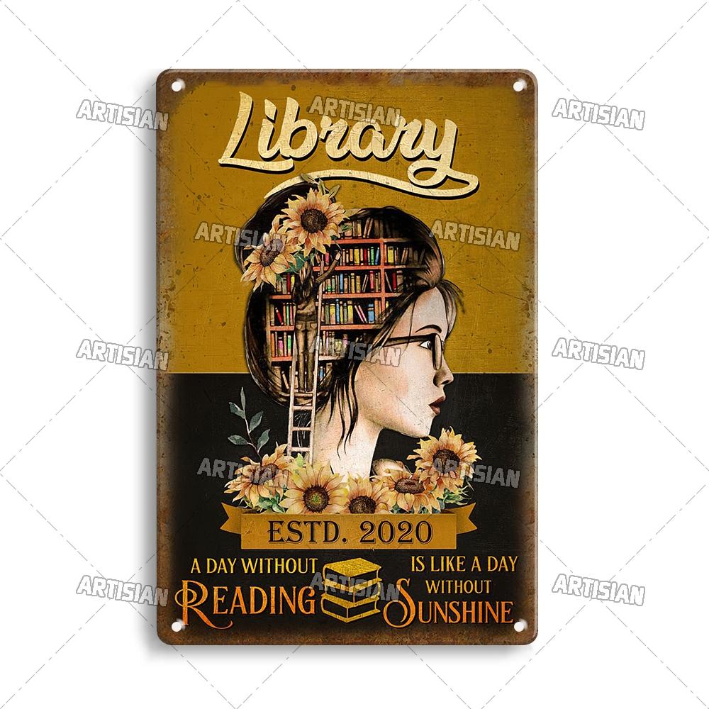 Artisian Reading Vintage Metal Sign Read Book Tin Plaque Girl Loves Books Classic Decorative Poster Wall Decor Garage Bar Pub