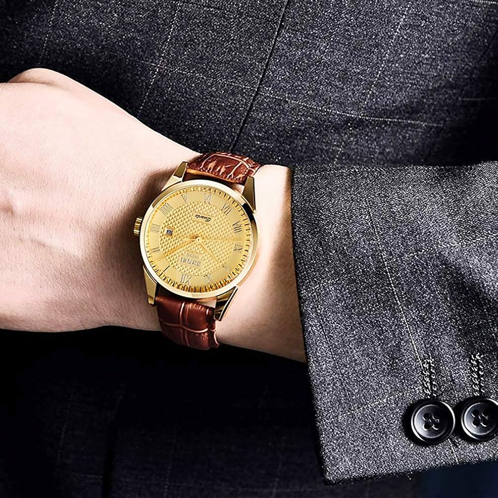 Men's Classic Analog Quartz Watch Gold Brown Leather Band Waterproof Casual Date Display
