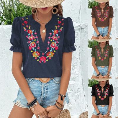 Damen Sommer Rüschen Kurzarm V-Ausschnitt Stickerei Lässig Pullover Bluse Hemd Top