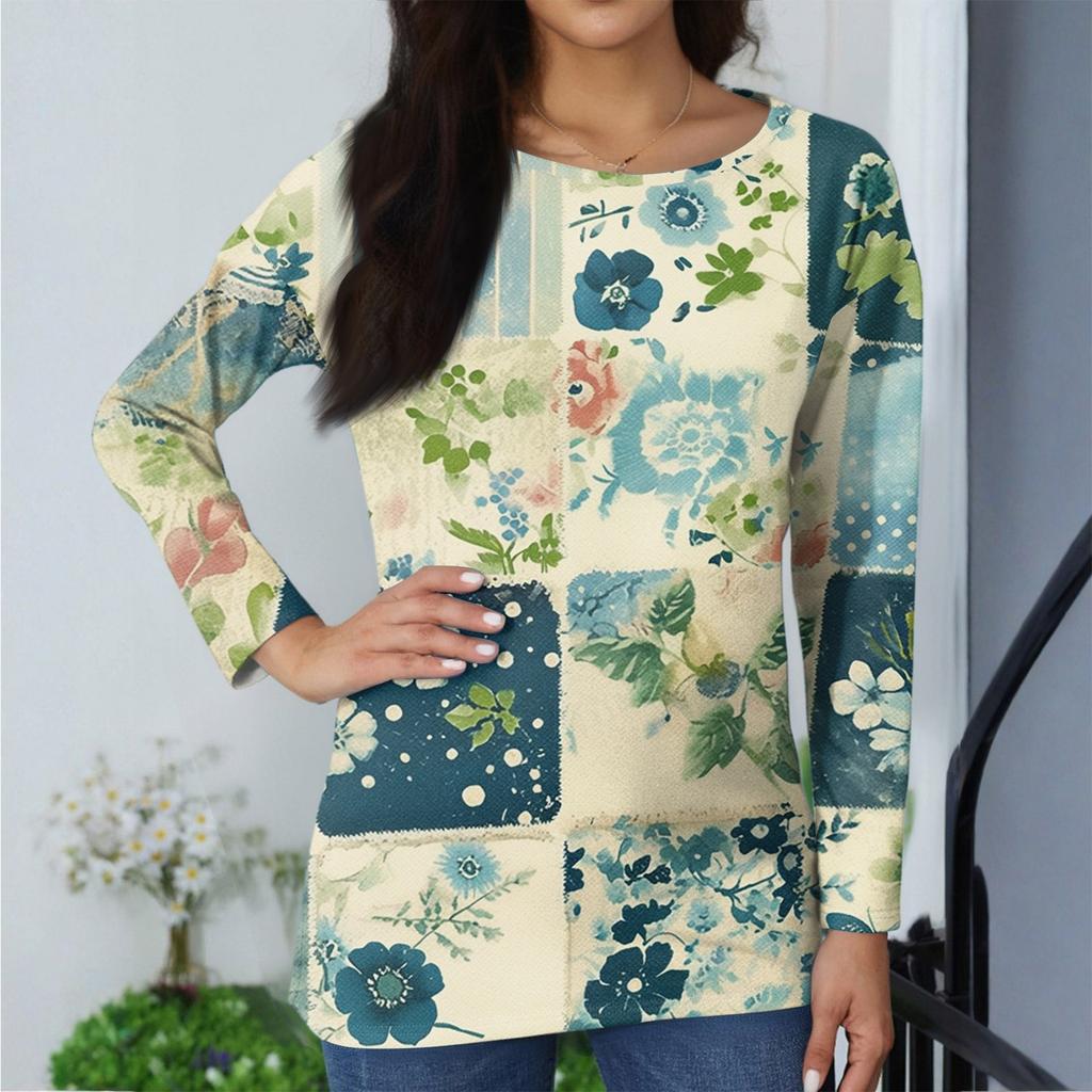 Women's Fashionable Casual Printed Long Sleeved Round Neck Top Round Neck Top Top