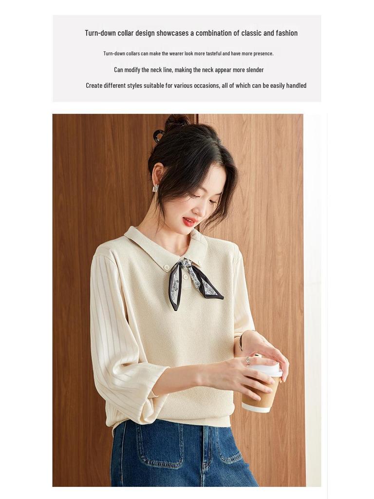 Women's Elegant Autumn Lapel Knitted Sweater, Fake Two-Piece Loose Top