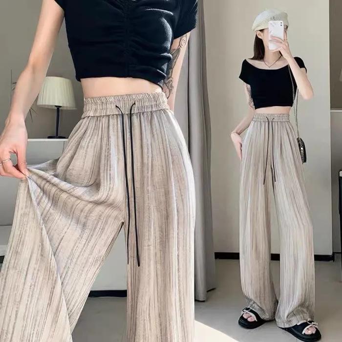Women's Summer Ice Silk Ink Painting Wide-Leg High-Waisted Floor-Length Pants