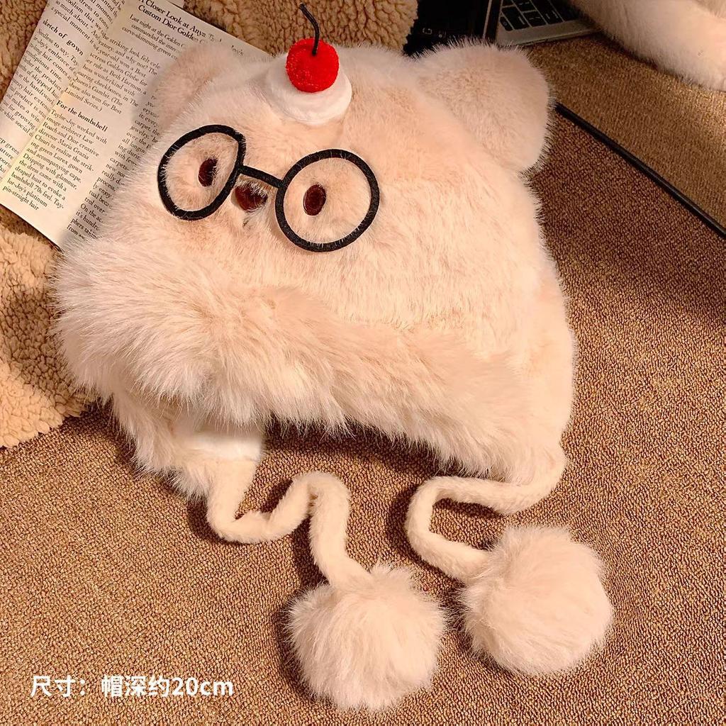 Cute cartoon bear plush hat scarf integrated women's autumn and winter thickened cold-proof ear protection scarf hooded