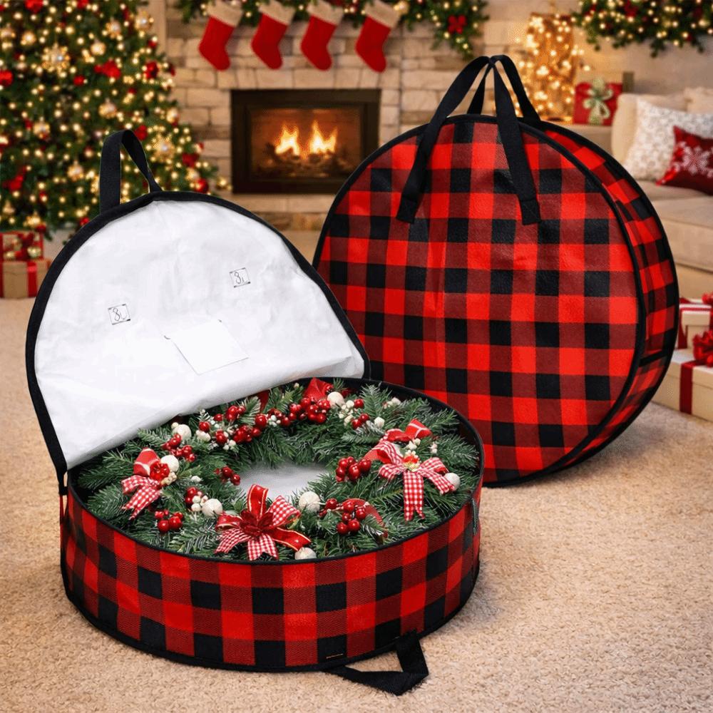 Stackable Plaid Christmas Wreath Storage Bag Waterproof Large Capacity Wreath Storage Container with Zipper and Handles
