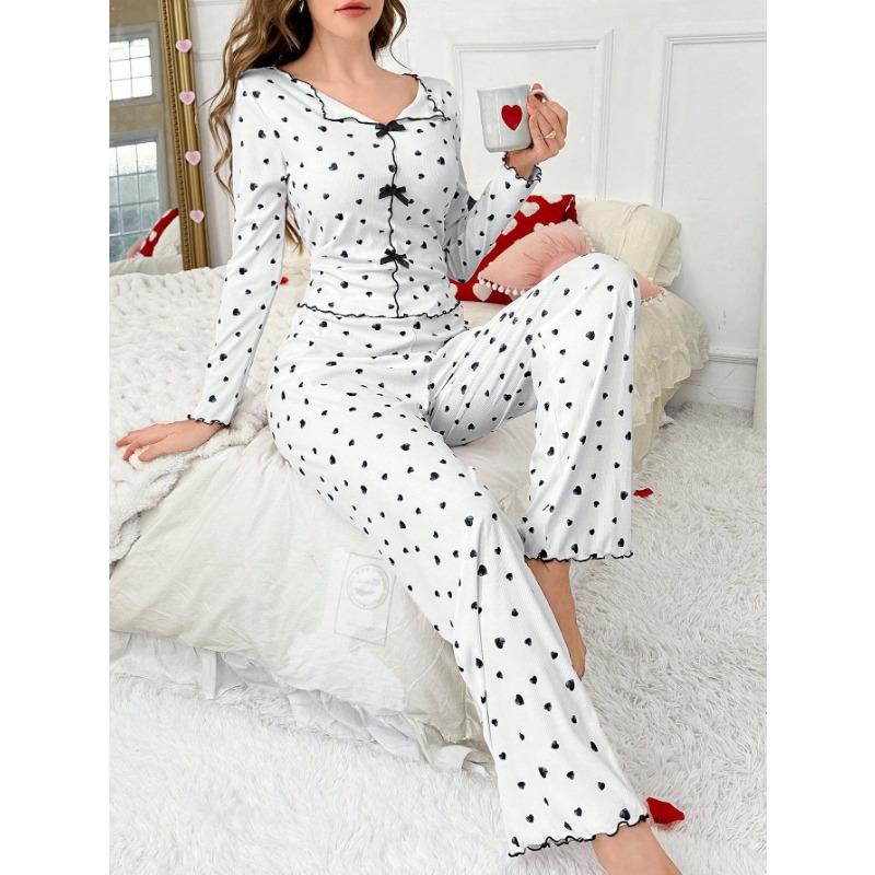 Women Heart Print Lapel Collar Long Sleeve Long Pants Two Piece Pajama Home Wear Set