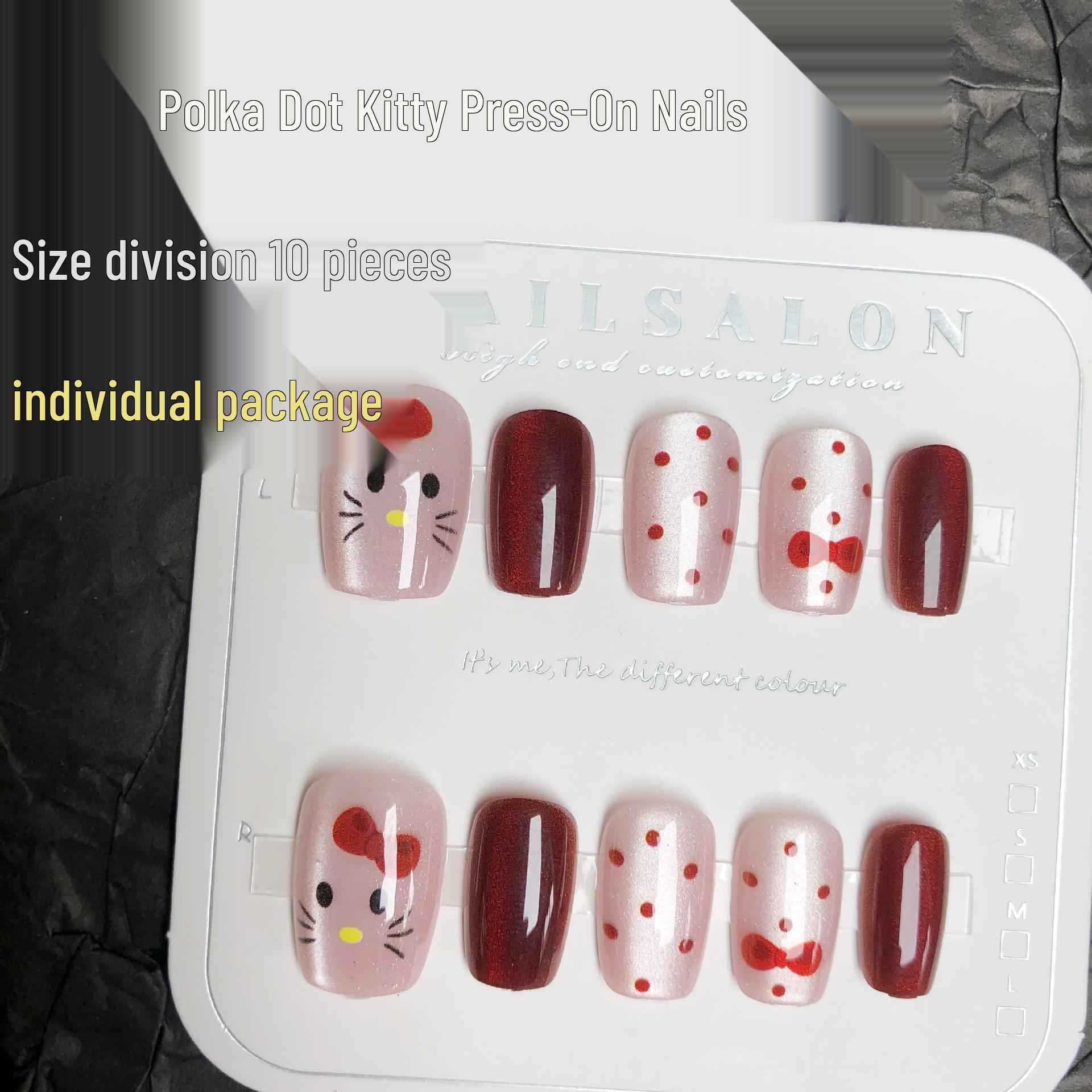 

Red & White Polka Dot Cat Eye Press-On Nails with Bow Design