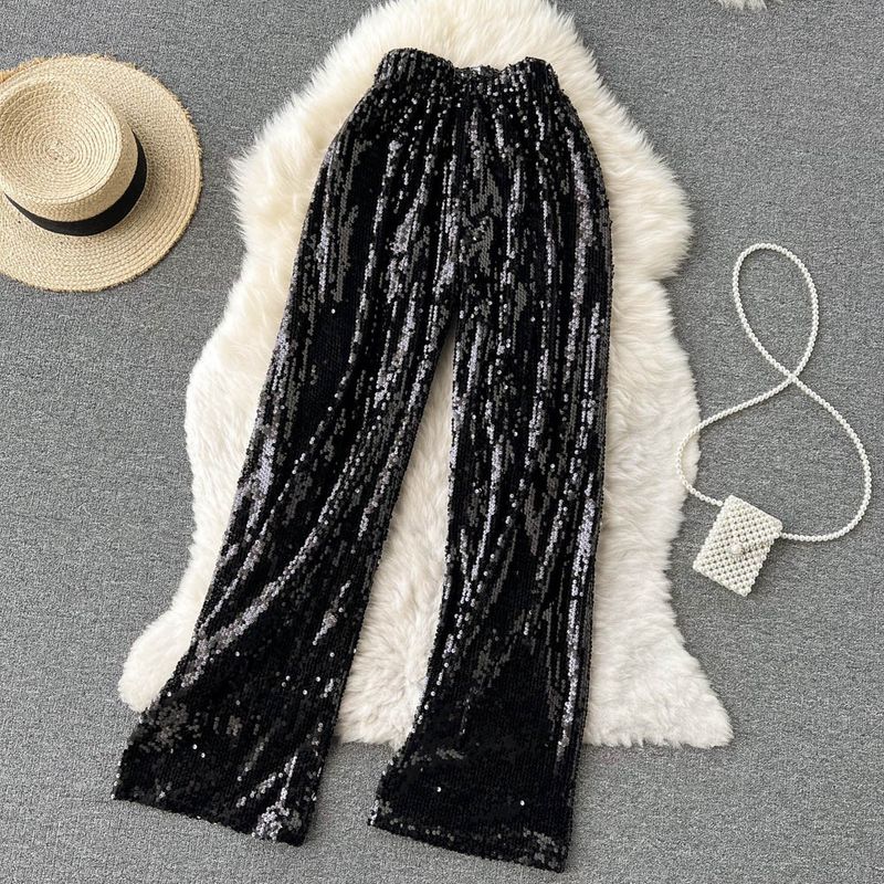 

South Korea Western Style Biling Shiny High Waist Casual Pants Black S