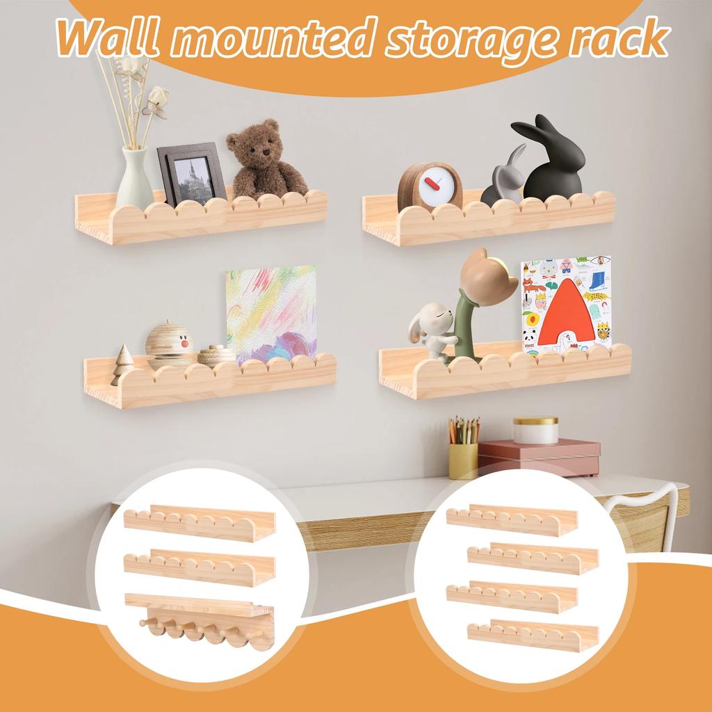 3/4Pcs Scalloped Wood Wall Storage Shelf Strong Load Bearing Wooden Floating Wall Shelf With Hook Decorative Display Shelf