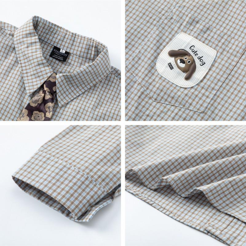 American Vintage Plaid Shirt With Puppy Patches Floral Tie Loose Fit Teens Long Sleeve Casual Top