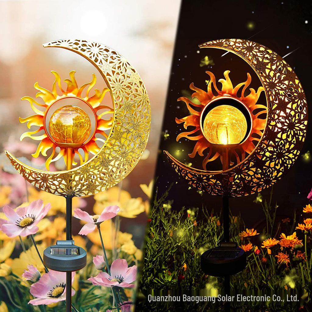 Antique Iron Art Solar Garden Lights: Moon & Sun Design Landscape Spotlight