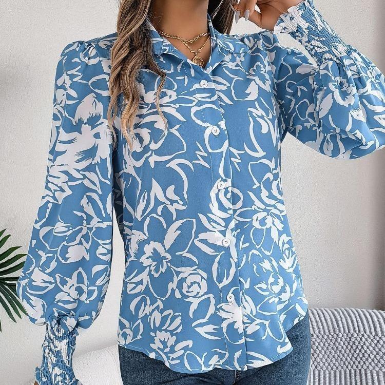 Elegant Women Floral Print V Neck Long Sleeve Blouse for Spring Autumn Season