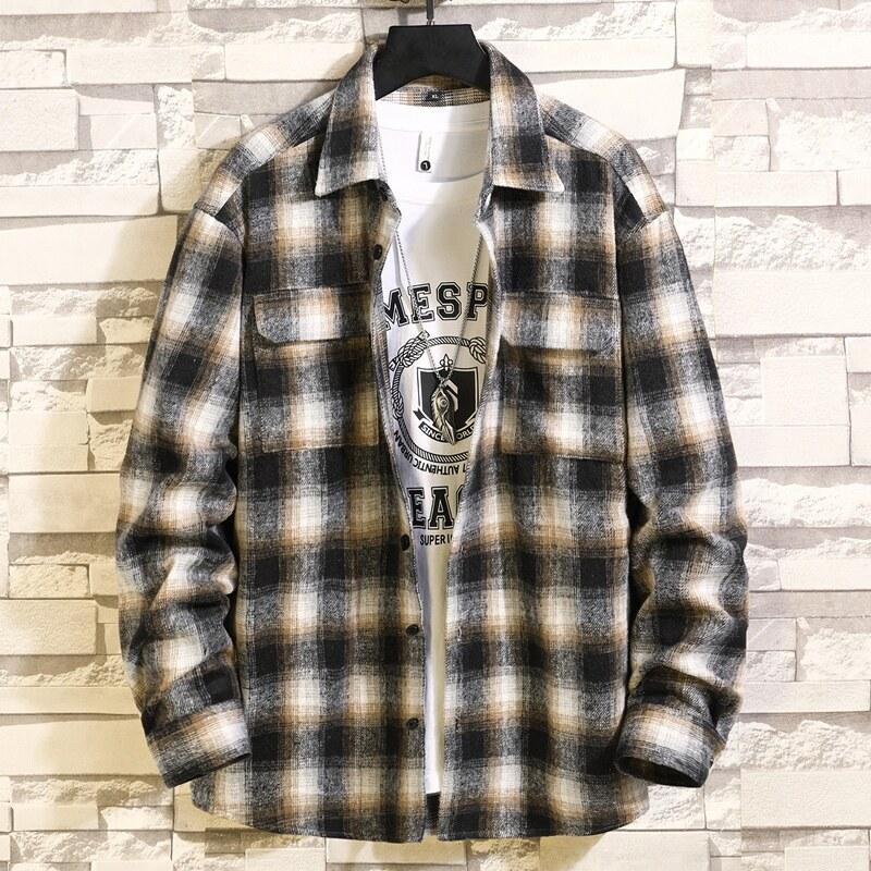 Cozy Up Spring New Trend Men's Loose Casual Plaid Shirts Jackets Vintage Casual Outdoor Double Pockets Designer Cargo Work Shirt
