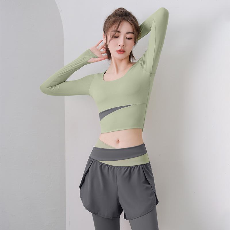 With chest pads, long sleeves, fake two-piece trousers set, running fitness, yoga clothes, sports women's outer wear, quick-drying, high waist