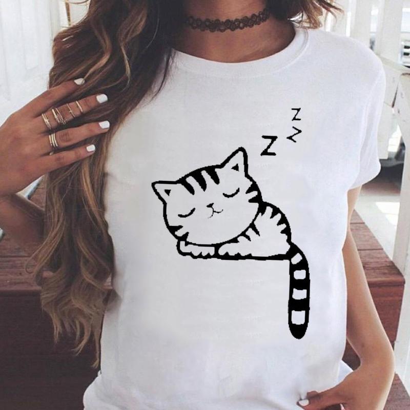 

Women T-Shirts Graphic Fashion Cat Animal 90S Short Sleeve T Shirt Cartoon Summer Print Female Oversized T-Shirt Tops Female Tee L білий