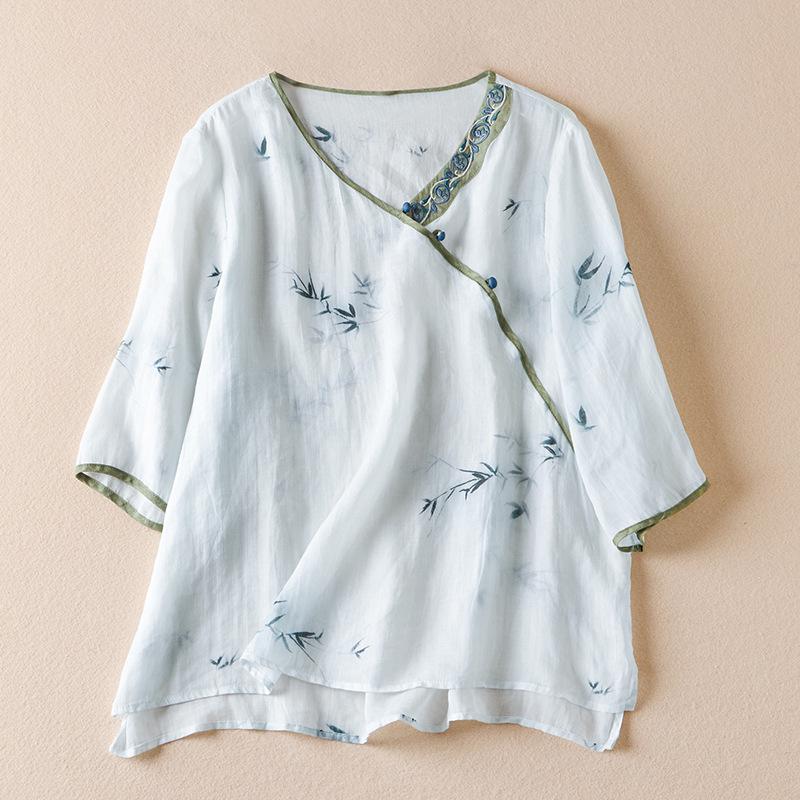 Artistic Retro Chinese Style Cross-Front Zen Bamboo Embroidered Linen Top for Women Large