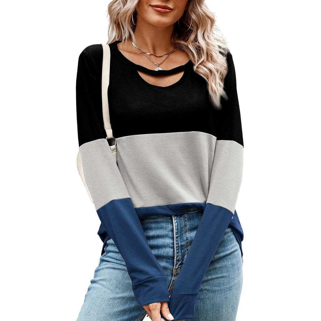 Ladies' Fashionable And Comfortable Color Blocked Hollow Out Low Round Neck Loose Long Sleeved Top
