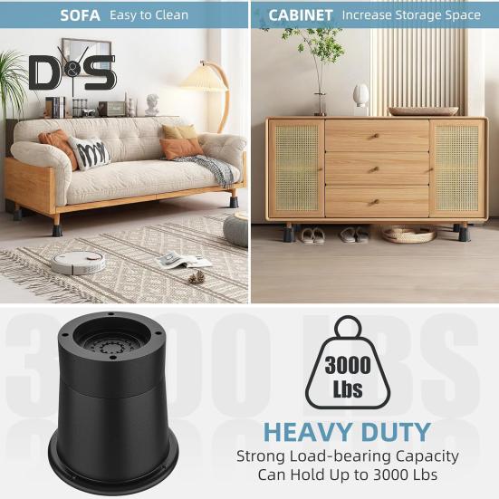 4Pcs Adjustable Round Bed Risers Circle Furniture Risers 3300 Lbs Capacity Non-Slip Design Chair Table Desk Legs Lifting Risers