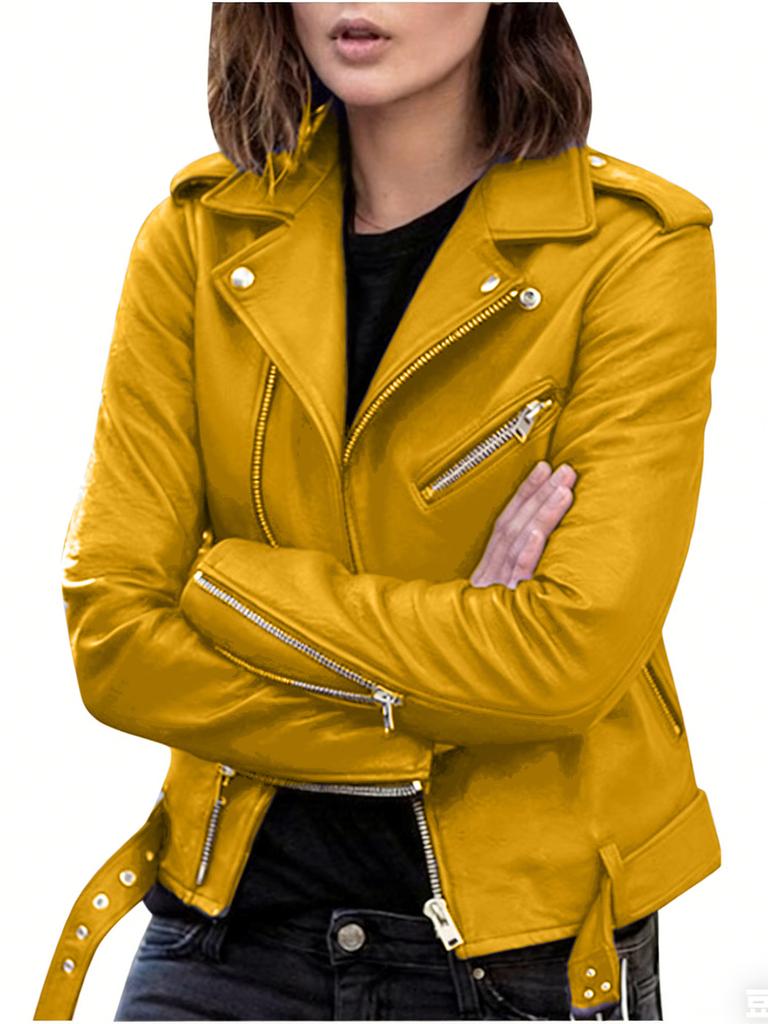 Womens Short Biker Jacket with Zipper and Button Detail Multiple Colors