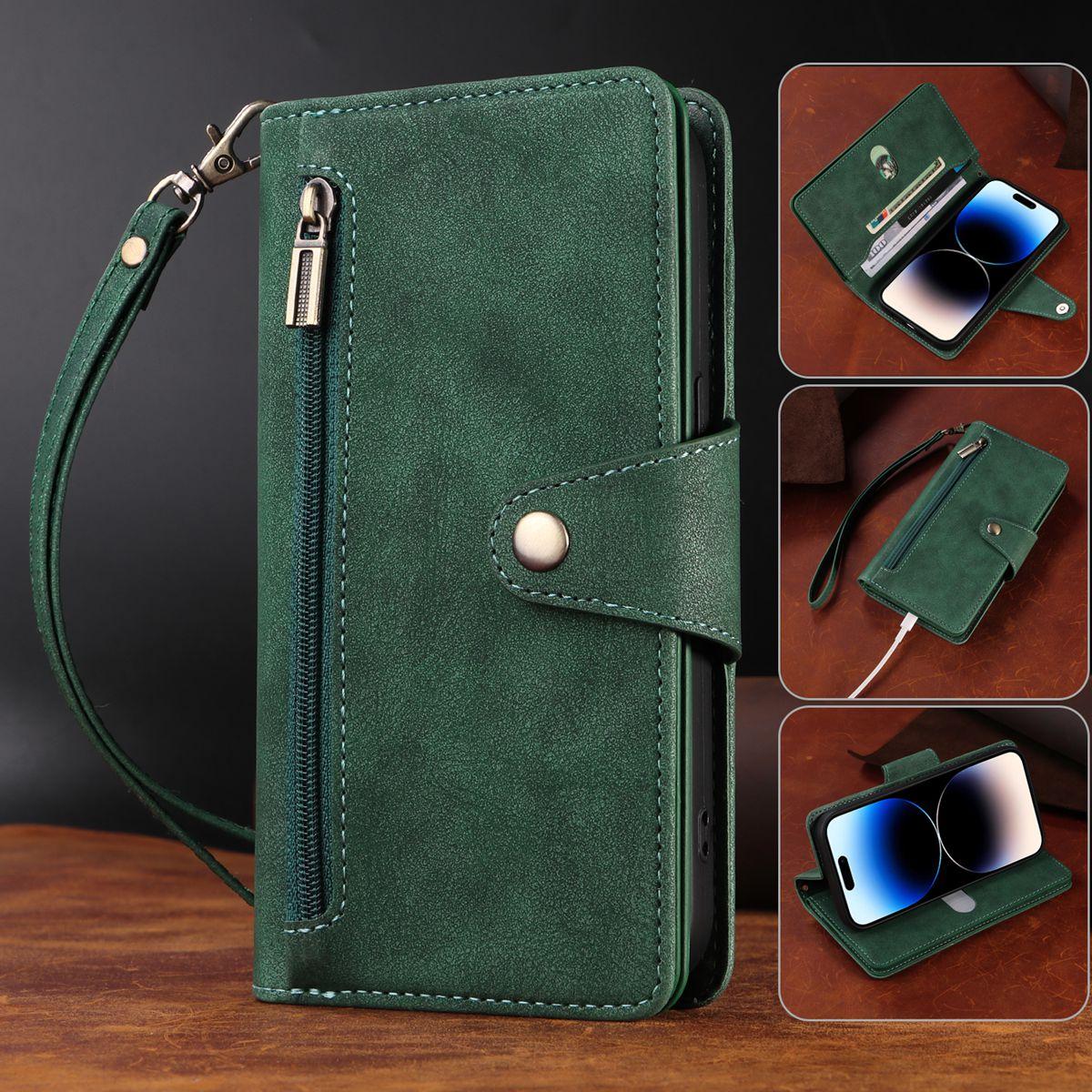 

Многофункциональный двухслойный чехол-кошелек на молнии с отделениями для карт и карманом для наличных для iPhone 15, 14, 13, 12, 11, Samsung, Google, откидная крышка из искусственной кожи на ремешке iPhone 13 Pro Max темно-зеленого