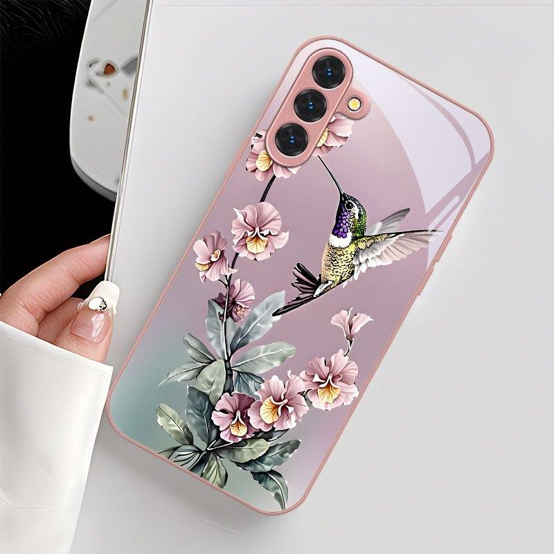 Kolibri Blüte Metallisches Glas Handyhülle Geeignet für Samsung Galaxy S26 S25 S24 S23 S22 S21 S20 FE/Ultra/Plus Anti-Sturz