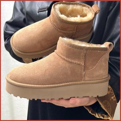 Fashion Echtes leder und wolle schafe winter dicke warme stiefel 4cm hohe sohle vielseitig low cut schnee stiefel