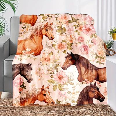 [Cozy Flannel Blanket] Floral Horse Print Cozy Flannel Throw Blanket | Perfect Gift for Girls, Granddaughters & Daughters - Vers