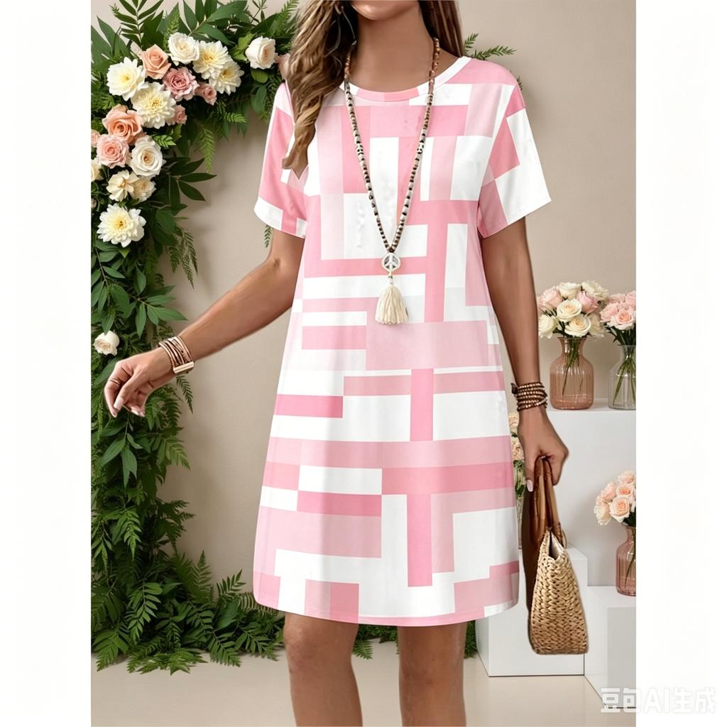 Summer Women's Fashionable Round Neck Short Sleeved Dress, Casual Outdoor Street Wear, Daily Clothing
