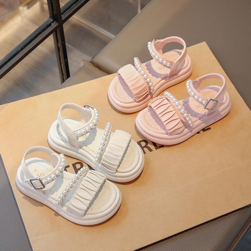 Girls Princess Shoes Pleated Ins Trendy Kids Sandals Beads Sweet Soft Sole 2025 Summer New Children Beach Shoes Open Toes Cute