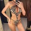 Imprimat leopard Decupat Halter Costum de baie pentru femei Costum de baie dintr-o bucată Monokini pentru femeie cu picior înalt Costum de baie pentru baie