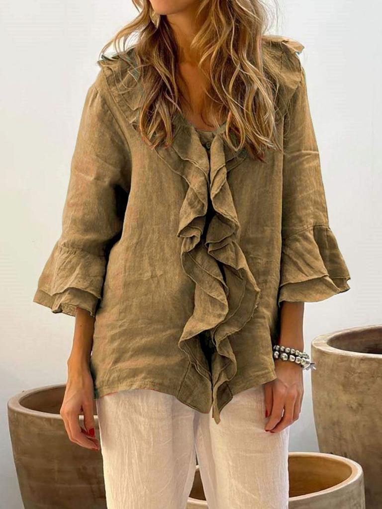 Autumn Solid Color V-Neck Flared Sleeve Leaf Edge One-Row Multi-Buckle Arc Shoulder Top