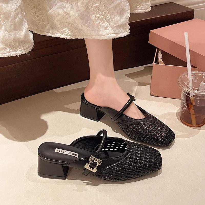 Fashion Summer Women Slippers Mules 2025 Leisure Slipper Retro Square Toe Metal Buckle Fashion Half Slipper Outdoor Sandalias De Mujer