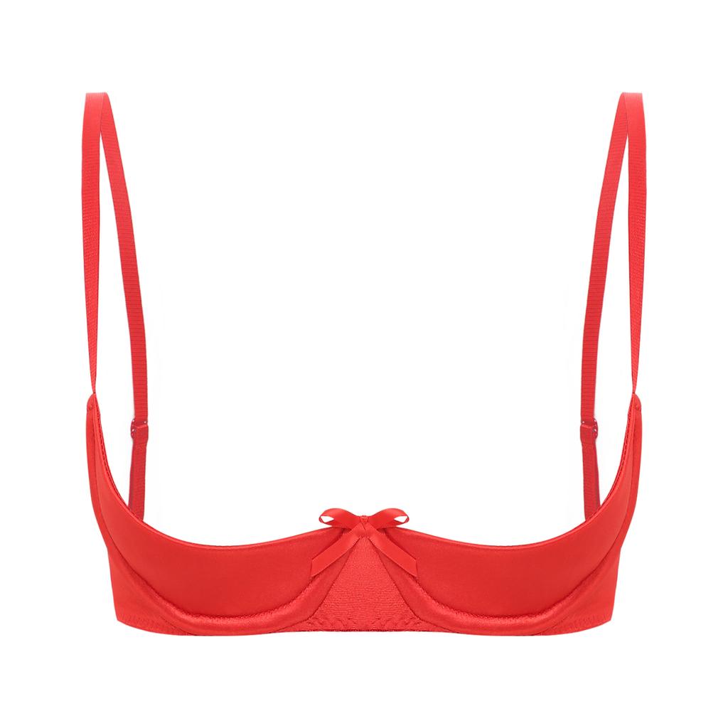 Women Satin Lingerie Underwire Half Cup Bow Push Up Bralette Shelf Bra Tops Corset Bustier Underwear Nightclub Costume