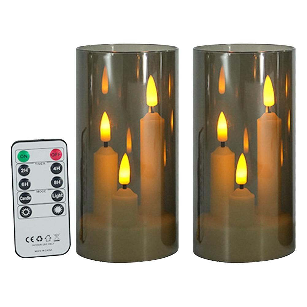 2Pcs LED Electronic Candles Lights with RC Acrylic Glass Candle Light Three-Wick Pillar Candles for Wedding Christmas Room Decor